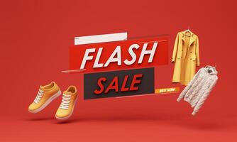 Flash sale banner with floating fashion elements on a bold red background. Stylish shoes, coats, and sweaters enhance the urgency of this limited-time shopping deal. 3d rendering photo