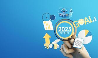 A robotic wooden hand points to a digital interface displaying 2025 START surrounded by financial and real estate icons, symbolizing goal setting, planning, and future investments. 3d rendering. photo