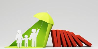 A white family figure under a green umbrella, shielding them from falling red blocks, symbolizing protection against financial instability. 3d rendering. photo