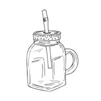 An empty bottle with a straw and a lid for smoothies and drinks. A glass tumbler for making various cocktails. Design for cafes, menus, restaurants. illustration in doodle style vector