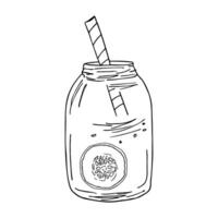 A smoothie jar with a straw and cucumber water in a glass. illustration of a healthy detox drink in the doodle style. A glass container for drinks and cocktails. vector
