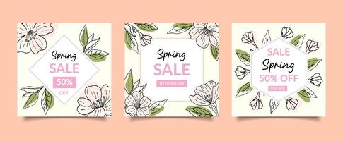 Spring cherry blossom template, seasonal sale. A set of square banners with flowers, leaves and branches in doodle style, a text frame. set for web design, flyers, brochures. vector