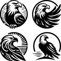 Majestic eagle emblem set in black and white, featuring fierce and bold eagle head illustrations in circular frames with stars, perfect for logos, tattoos, and branding vector