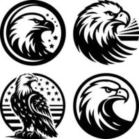 Elegant and fierce eagle emblem designs in black and white, featuring strong and detailed eagle heads in circular patterns, ideal for branding, tattoos, and graphic design vector