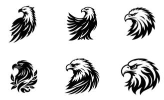 set of black and white eagle head logos with strong and powerful hawk illustrations for branding, sports, tattoos, and digital artwork in format vector