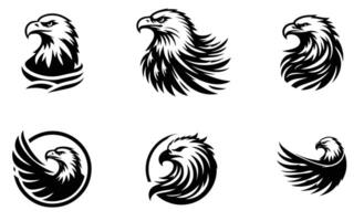 stylized eagle and hawk logo set in black and white featuring fierce and majestic bird illustrations for sports, tattoos, and branding in format vector