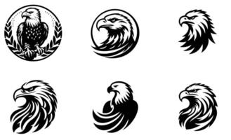 set of black and white eagle logo designs with fierce and dynamic hawk illustrations for branding, sports teams, and tattoo designs in format vector