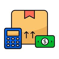 Carton with cruncher, icons of parcel calculation vector