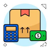Carton with cruncher, icon of flat parcel calculation vector