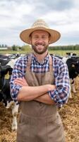 A man in an apron and hat standing in front of cows photo