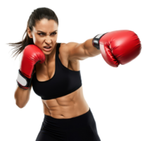 Strong woman practicing boxing techniques with red gloves in a dynamic training session indoors on a transparent background png
