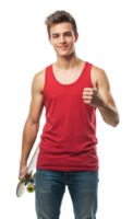 Young man with a skateboard gives a thumbs up while standing against a transparent background in casual attire png