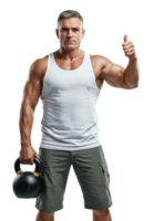 Man exercising with kettlebell and showing thumbs up to indicate success in workout routine on a transparent background png