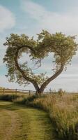 A tree shaped like a heart in a field photo
