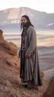Jesus standing in the desert with long hair and beard photo