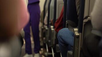 An unrecognizable flight attendant walks along the rows, she puts things on board the plane. The passengers are sitting in their seats and watching. video