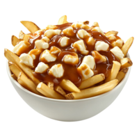 Hearty Poutine Bowl with Crispy Fries, Gooey Cheese, and Hot Gravy Isolated on Transparent Background png