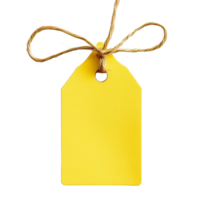 Bright yellow craft paper tag isolated on transparent Background with twine png