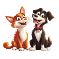 Smiling Cartoon Cat and Dog Sitting Side by Side, Isolated on Transparent Background png
