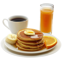 Healthy breakfast with pancakes, coffee, and orange juice isolated on transparent Background png