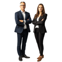 Confident business duo in formal attire standing side by side, isolated on transparent Background png
