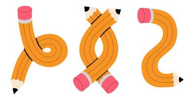Pencils set illustration. Twisted flexible yellow simple pencil in different shapes like heart, knot, check mark, bend one, doodles. Back to school, teachers day concept. vector