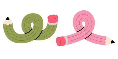 Pencils set illustration. Twisted flexible colorful simple pencil in different shapes like knot, check mark, bend one, doodles. Back to school, teachers day concept. vector