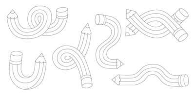 Pencils set illustration. Twisted flexible doodle simple pencil in different shapes like knot, check mark, bend one, doodles. Back to school, teachers day concept. vector