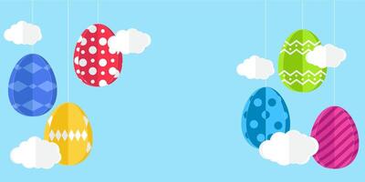 Bright easter corners with colorful paper cut eggs and clouds. Easter celebration background vector