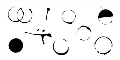 Set of round paint prints. illustration of round ink strokes. Circles template for logo or icon. Black paint splashes isolated on white background. Liquid splatter and abstract stain vector