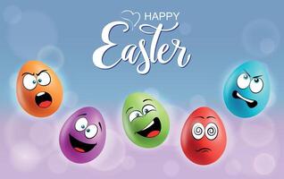 Color eggs with funny faces on gradient background. Shocked, laughing, smiling, sad, scared emotions, cartoon smile. Set of eggs emoji poster. Happy Easter holiday banner illustration. vector