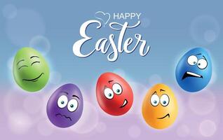 Color eggs with funny faces on gradient background. Scared, upset, laughing, smiling, sad, frightened emotions, cartoon smile. Set of eggs emoji poster. Happy Easter holiday banner illustration. vector