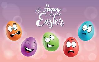 Color eggs with funny faces on gradient background. Funny, laughing, smiling, sad, frightened emotions, cartoon smile. Set of eggs emoji poster. Happy Easter holiday banner illustration. vector