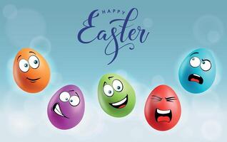 Color eggs with funny faces on gradient background. Angry, laughing, smiling, scared emotions, cartoon smile. Set of eggs emoji poster. Happy Easter holiday banner illustration. vector