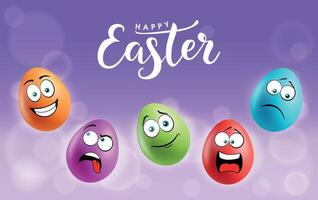 Color eggs with funny faces on gradient background. Funny, laughing, smiling, sad, angry, tired emotions, cartoon smile. Set of eggs emoji poster. Happy Easter holiday banner illustration. vector