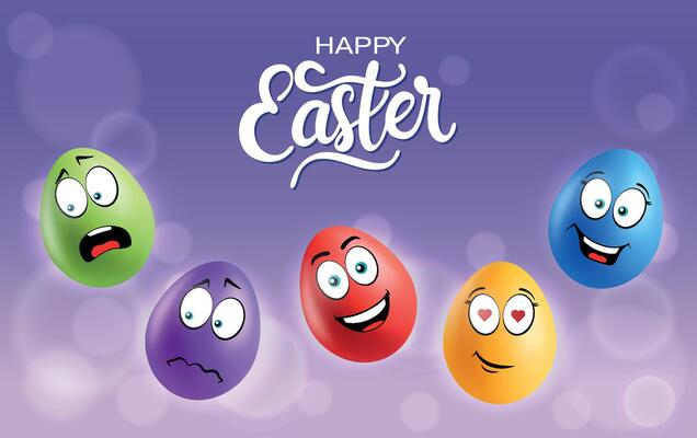 Color eggs with funny faces on gradient background. Funny, glad, laughing, smiling, sad, romantic emotions, cartoon smile. Set of eggs emoji poster. Happy Easter holiday banner illustration.