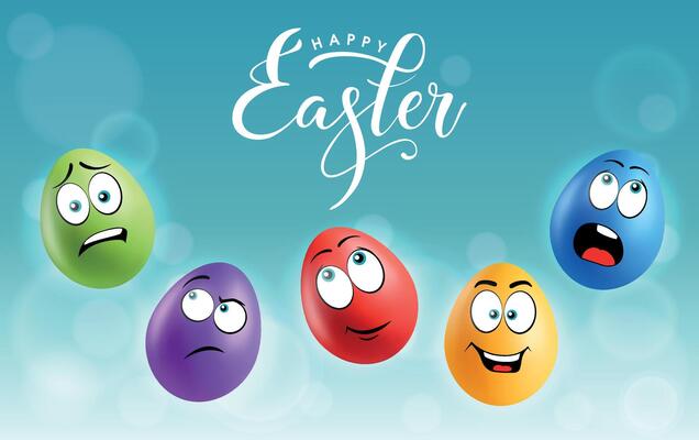 Color eggs with funny faces on gradient background. Scared, laughing, playful, sad, glad emotions, cartoon smile. Set of eggs emoji poster. Happy Easter holiday banner illustration.