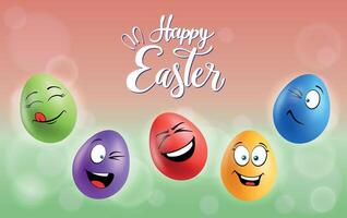 Color eggs with funny faces on gradient background. Winking, glad, laughing, smiling, playful emotions, cartoon smile. Set of eggs emoji poster. Happy Easter holiday banner illustration. vector