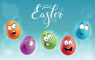 Color eggs with funny faces on gradient background. Playful, laughing, smiling, winking emotions, cartoon smile. Set of eggs emoji poster. Happy Easter holiday banner illustration. vector
