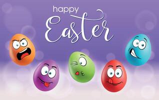 Color eggs with funny faces on gradient background. Funny, laughing, smiling, angry, winking emotions, cartoon smile. Set of eggs emoji poster. Happy Easter holiday banner illustration. vector
