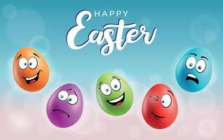 Color eggs with funny faces on gradient background. Funny, upset, laughing, smiling, sad, winking emotions, cartoon smile. Set of eggs emoji poster. Happy Easter holiday banner illustration. vector