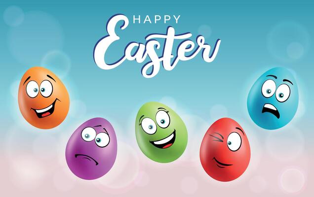 Color eggs with funny faces on gradient background. Funny, upset, laughing, smiling, sad, winking emotions, cartoon smile. Set of eggs emoji poster. Happy Easter holiday banner illustration.