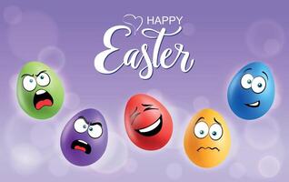 Color eggs with funny faces on gradient background. Funny, laughing, smiling, sad, wicked, playful emotions, cartoon smile. Set of eggs emoji poster. Happy Easter holiday banner illustration. vector
