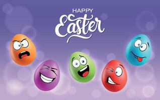 Color eggs with funny faces on gradient background. Scared, laughing, smiling, winking emotions, cartoon smile. Set of eggs emoji poster. Happy Easter holiday banner illustration. vector