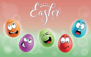 Color eggs with funny faces on gradient background. Glad, evil, laughing, smiling, sad, frightened emotions, cartoon smile. Set of eggs emoji poster. Happy Easter holiday banner illustration. vector