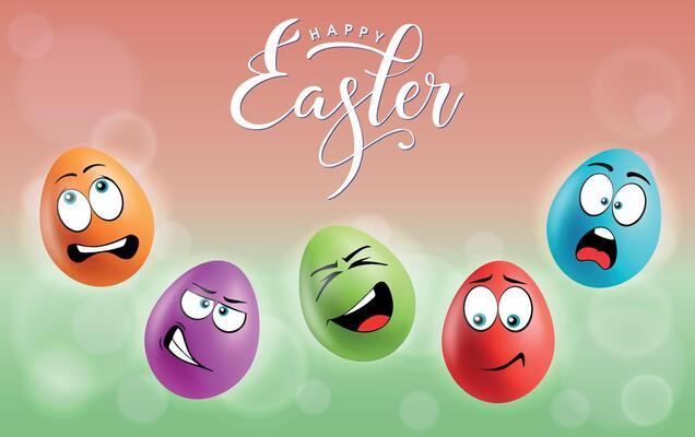 Color eggs with funny faces on gradient background. Glad, evil, laughing, smiling, sad, frightened emotions, cartoon smile. Set of eggs emoji poster. Happy Easter holiday banner illustration.