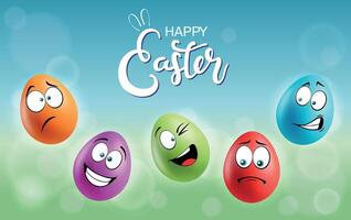 Color eggs with funny faces on gradient background. Funny, laughing, smiling, upset, glad, playful emotions, cartoon smile. Set of eggs emoji poster. Happy Easter holiday banner illustration. vector