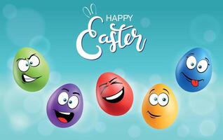 Color eggs with funny faces on gradient background. Laughing, glad, smiling, sad, wicked, playful emotions, cartoon smile. Set of eggs emoji poster. Happy Easter holiday banner illustration. vector
