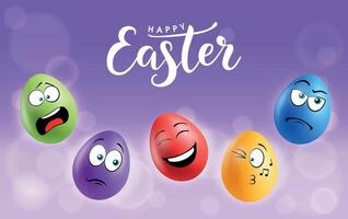 Color eggs with funny faces on gradient background. Laughing, smiling, sad, wicked, winking emotions, cartoon smile. Set of eggs emoji poster. Happy Easter holiday banner illustration. vector