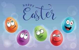 Color eggs with funny faces on gradient background. Playful, glad, laughing, smiling, sad, frightened emotions, cartoon smile. Set of eggs emoji poster. Happy Easter holiday banner illustration. vector